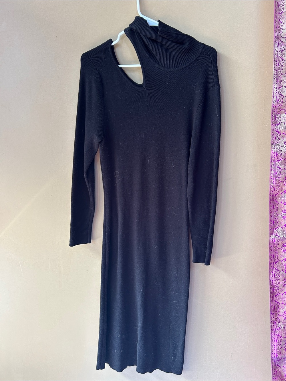 VENUS Black Long Sleeve Mock Neck Midi Dress with Shoulder Cutout